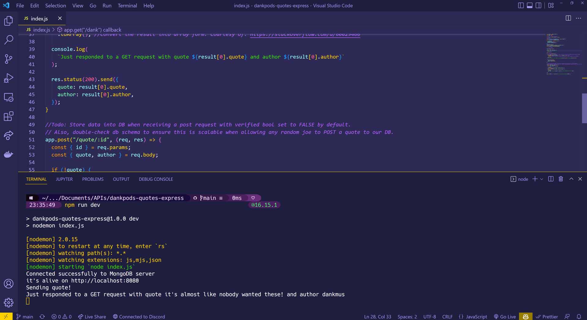 The DankPods API code in the IDE